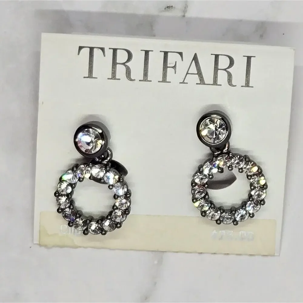 NWT Trifari Black & Clear Gem Circle Clip-On Earrings - Picture 7 of 10